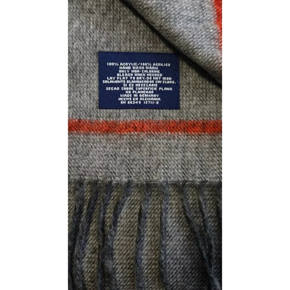 Men's Scarf Made in Germany SOFT Grey Charcoal‎ Fringe Blood Orange Stripe EUC